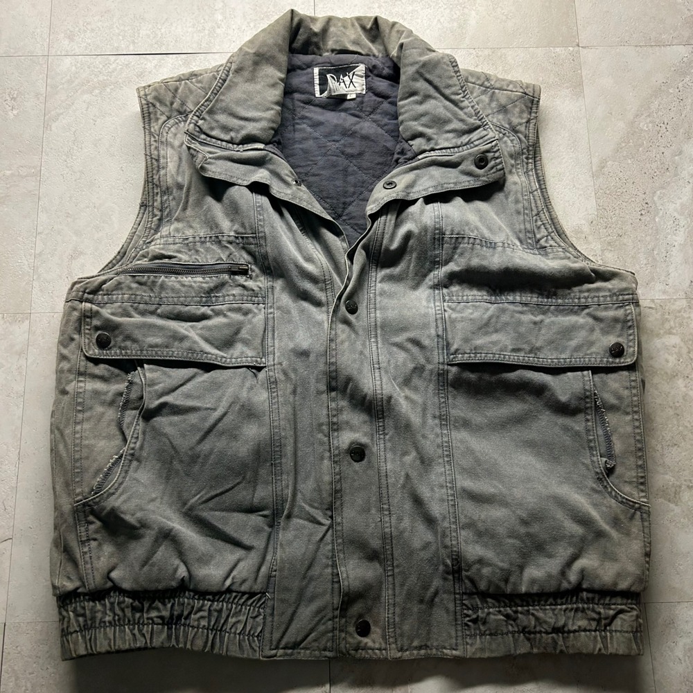 DAX Canvas Utility Vest Grey Mens Large Quilted Lining Distressed Workwear 1054